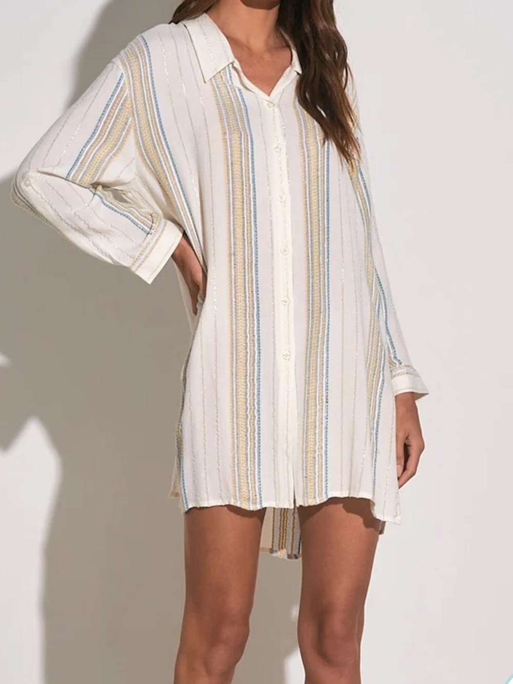 Elan White Stripe Button-Down Beach Cover Up with Aqua and Tan Accents